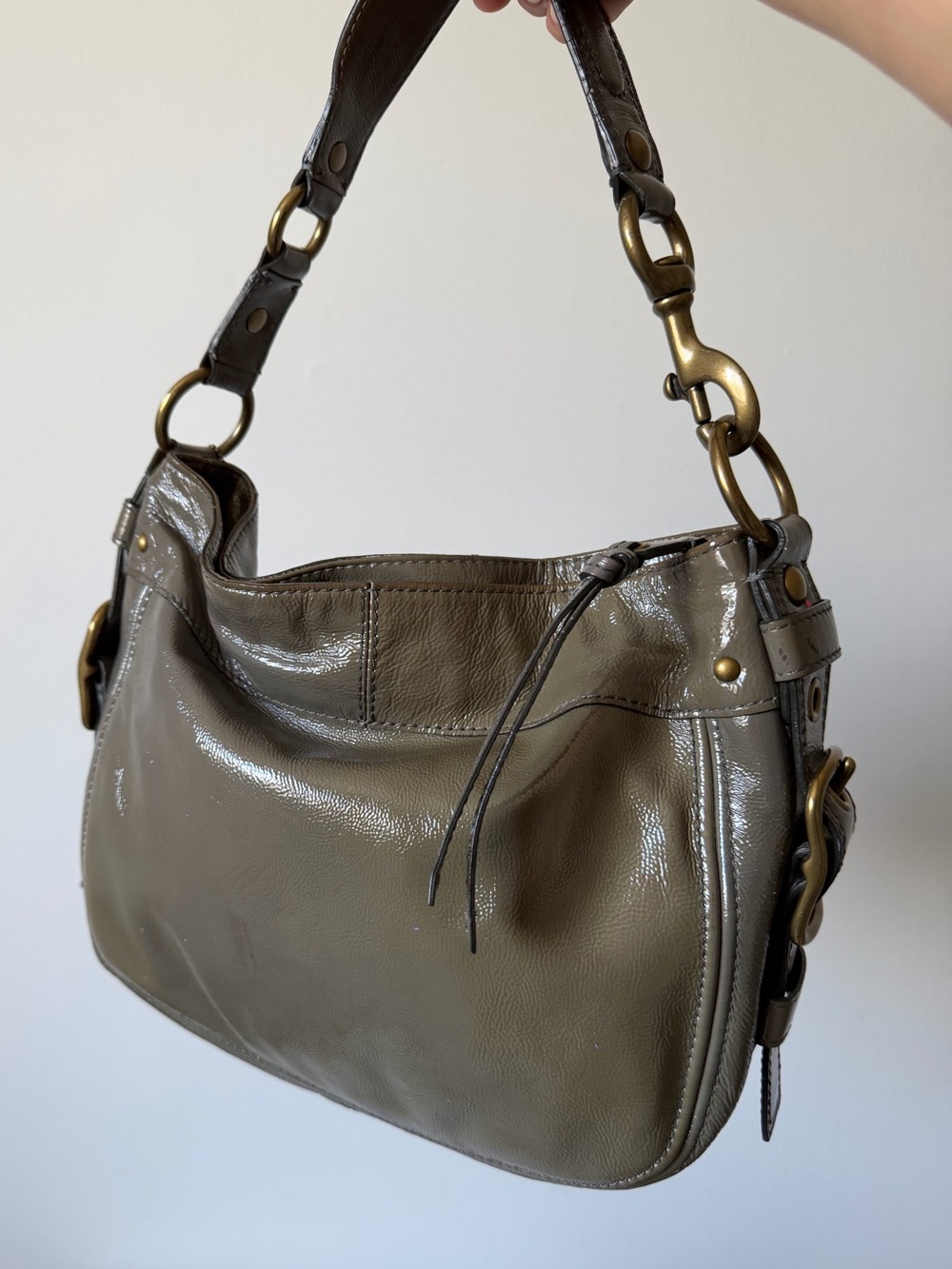 Coach Zoe Patent Leather Hobo Shoulder Bag Olive- Grey 12735